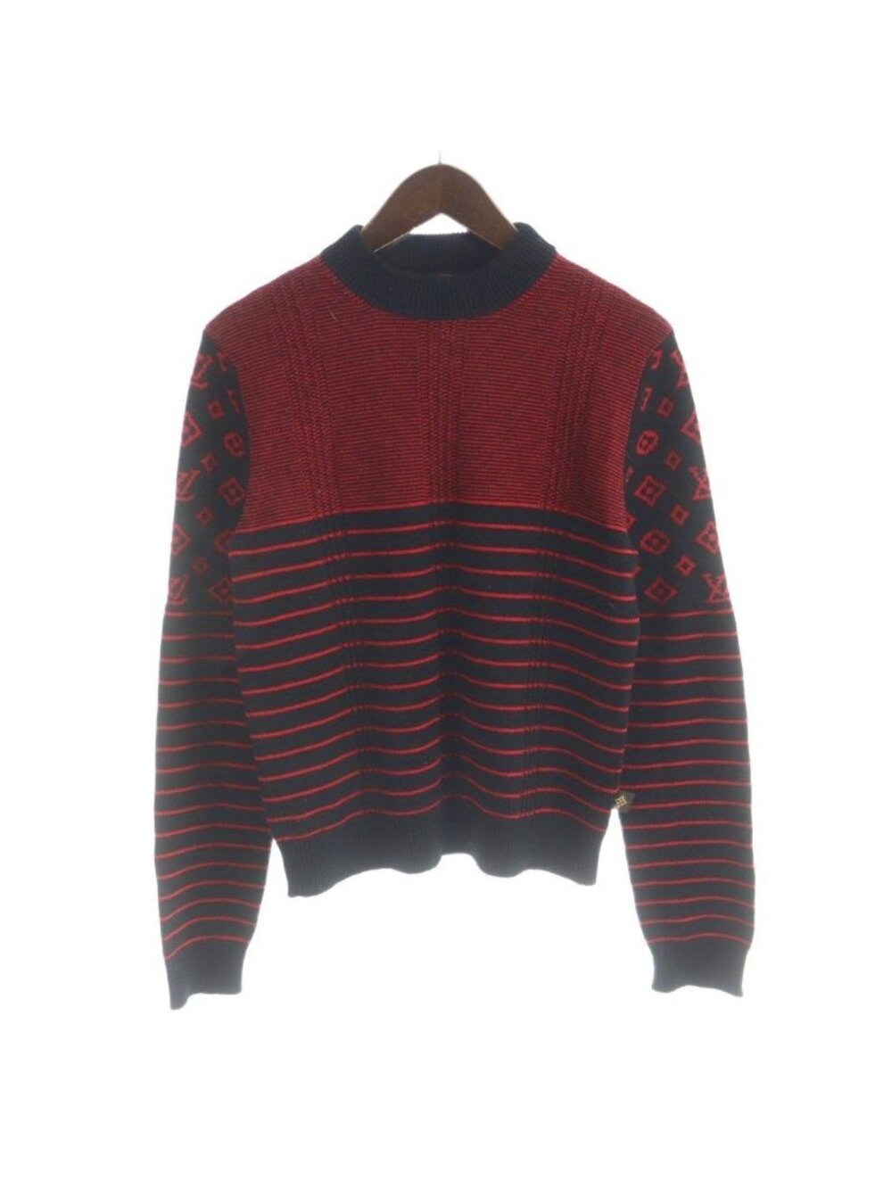 Louis Vuitton Knit Sweater Long Sleeve Cashmere Wool Blend Monogram Black Red M